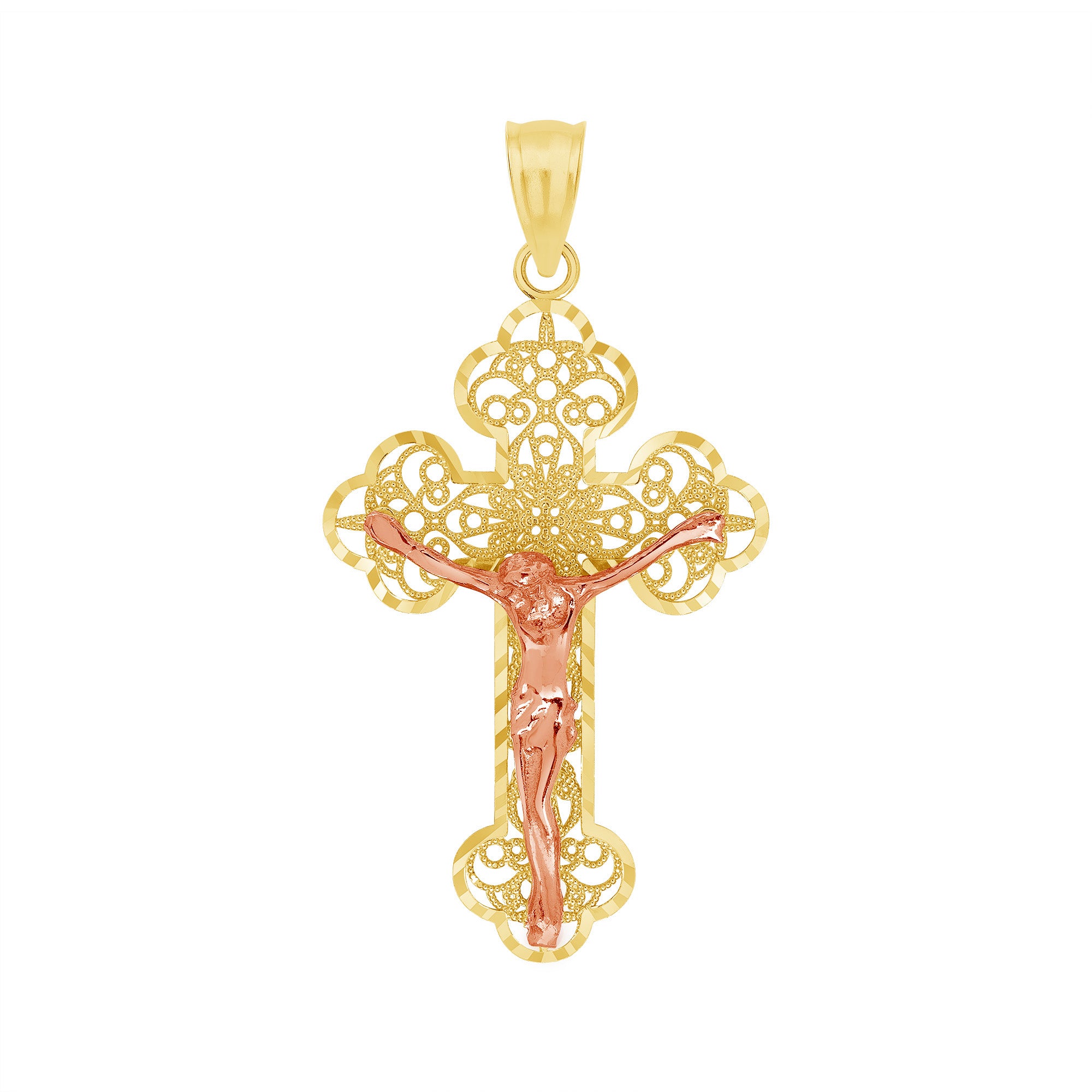 10K Solid Yellow Gold Filigree Crucifix Cross Pendant - INRI Jesus Necklace Charm Unisex